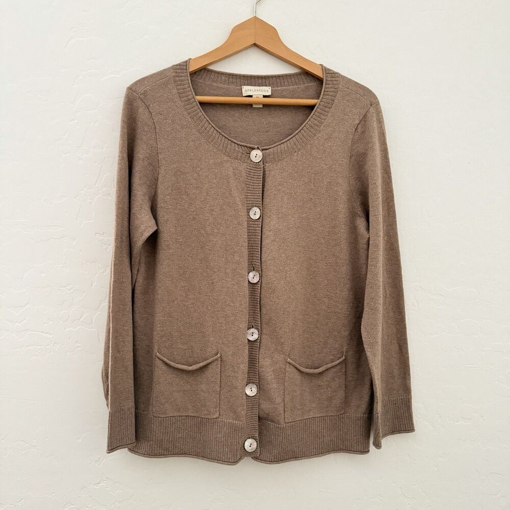 Appleseed’s Cardigan Women M Cotton Cashmere Brown Rolled Hem Button Pocket